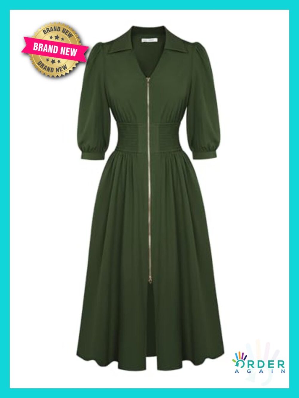 Women's Midi Dress Business Casual V-Neck 3/4 Sleeve Smocked Waist Zip